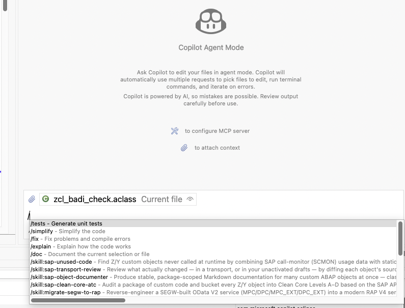 GitHub Copilot for Eclipse Agent Mode showing ARC-1 skills in the slash menu